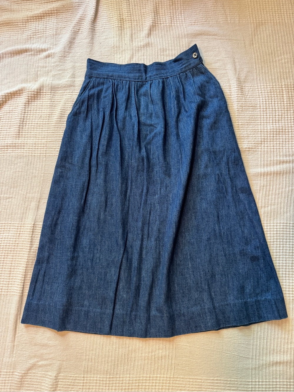 Vintage 70s Cotton Denim A-Line Midi Skirt w/ Pockets XS